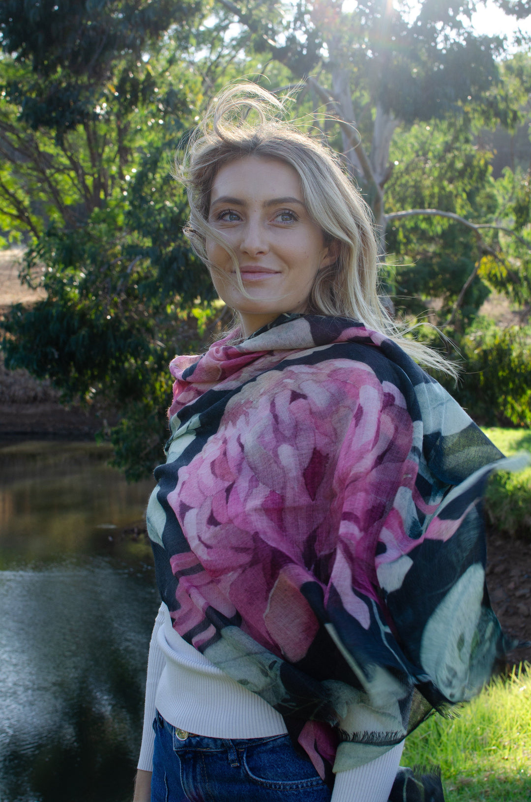 Blue Floral Scarf - Short length