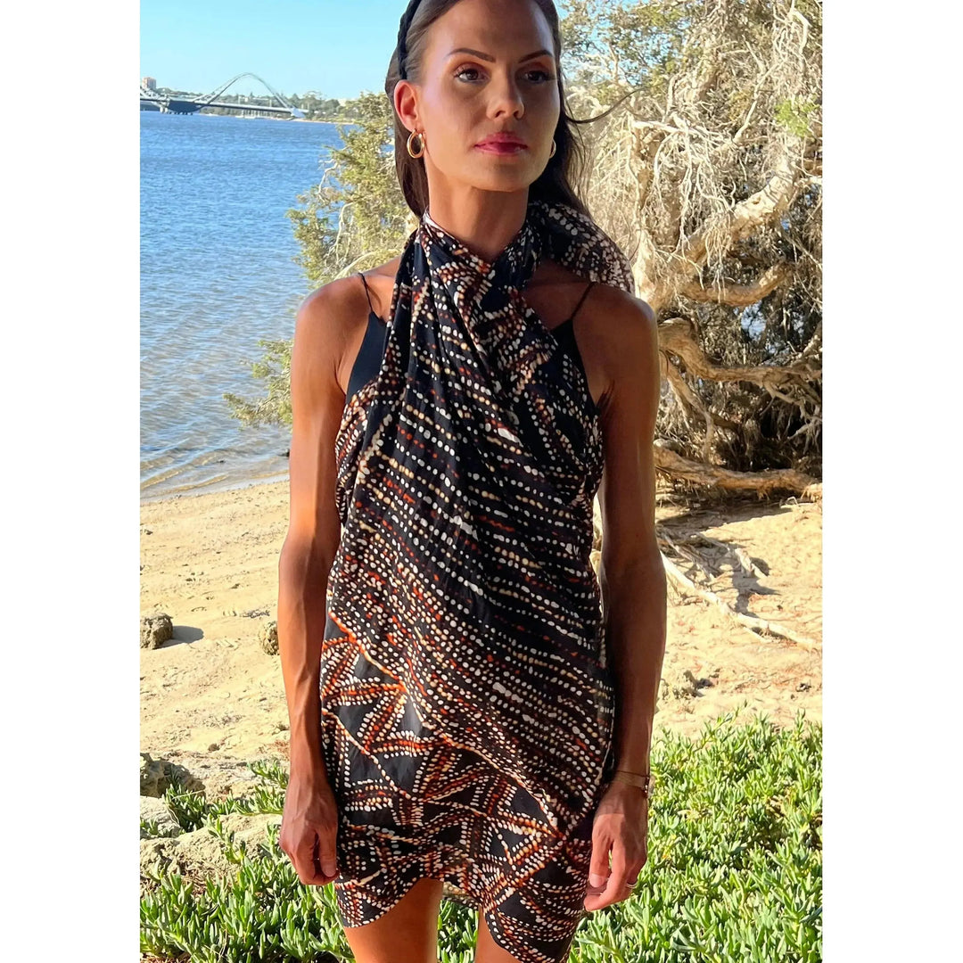 Scarves Australia Beach Sarongs Luxury Beach Sarong -Indigenous Print - Black Ochre