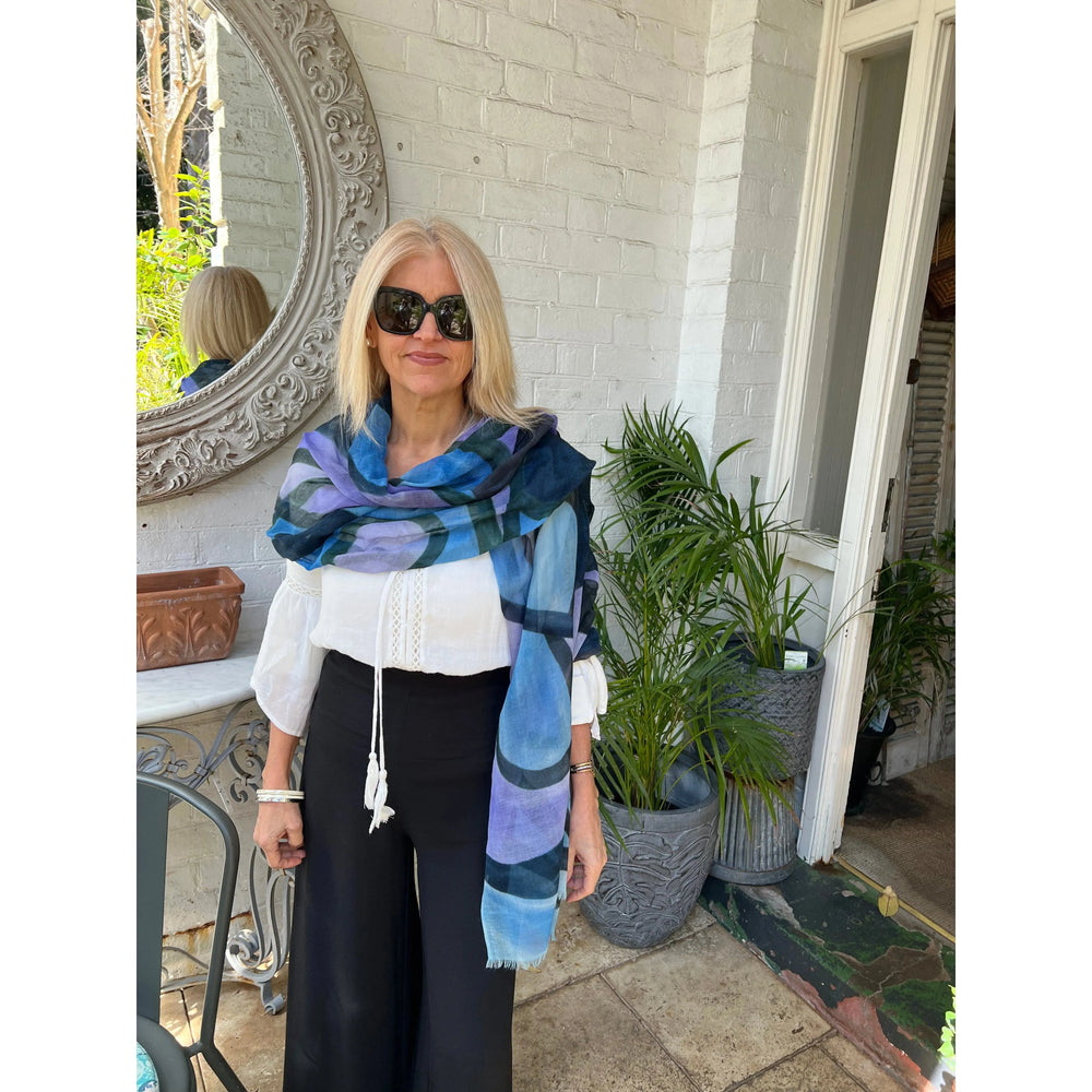 Scarves Australia Luxury Scarves Blue Purple Block Print Scarf - Pure Wool - NEW!