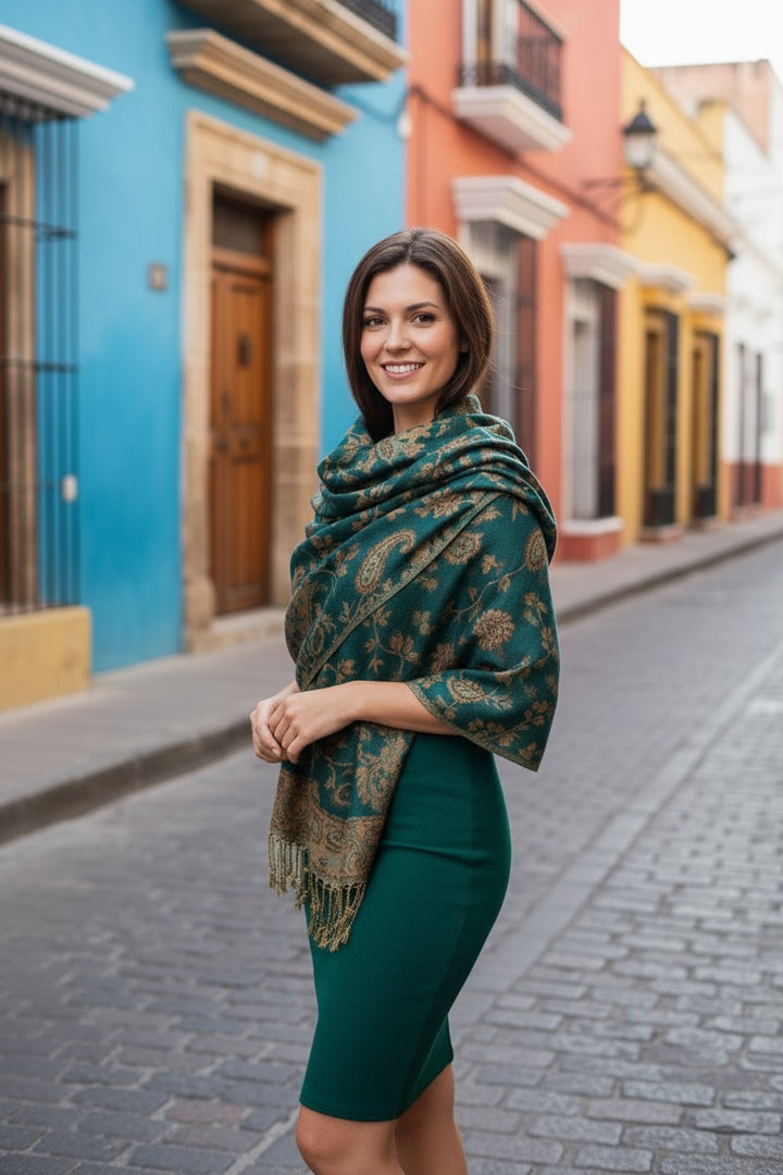 Byzantine Teal -  Paisley Pashmina Floral Luxury Wrap
