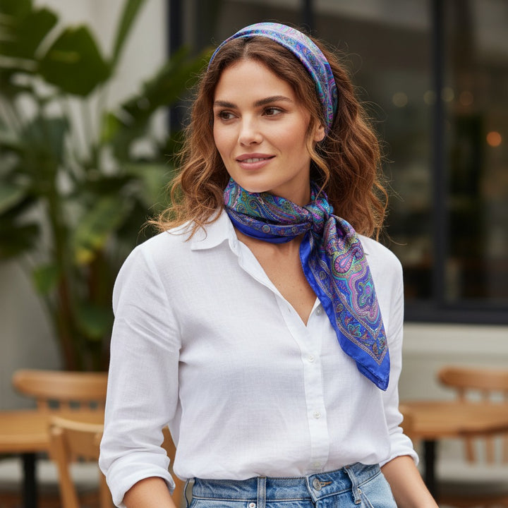 Pure Silk Square Scarf Cobalt Blue Paisley