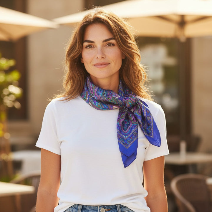 Pure Silk Square Scarf Cobalt Blue Paisley