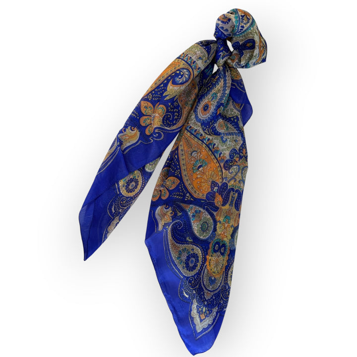 Cobalt Rhapsody – Blue Paisley Pure Silk Square Scarf