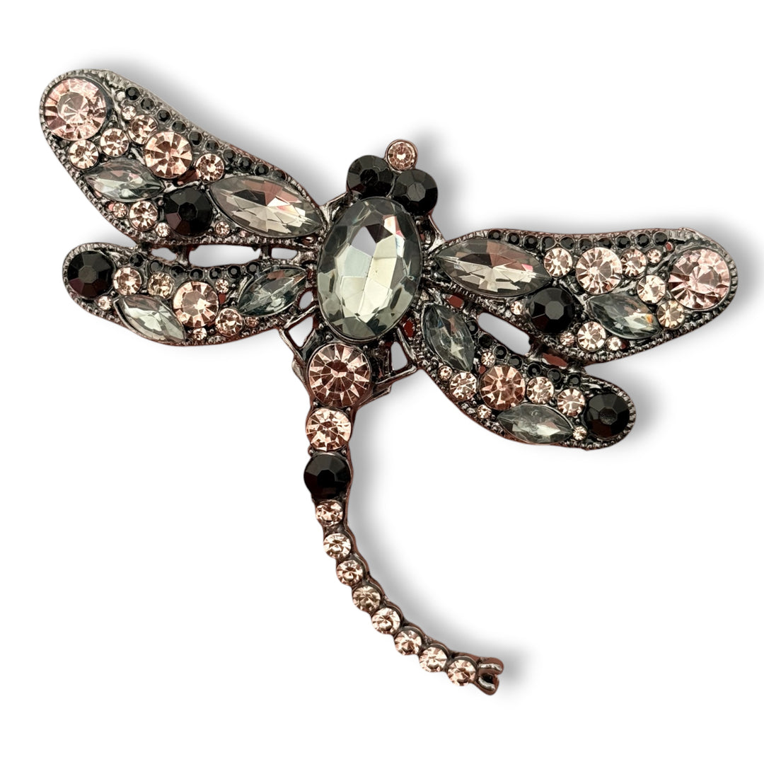 Dragonfly Scarf Brooch – Charcoal, Blush Pink & Lilac Crystal Pin