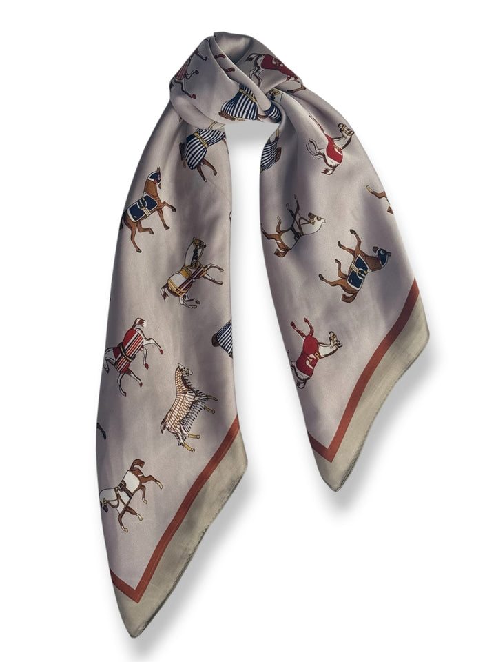Equestrian Horse Print Silky Square Scarf – Taupe