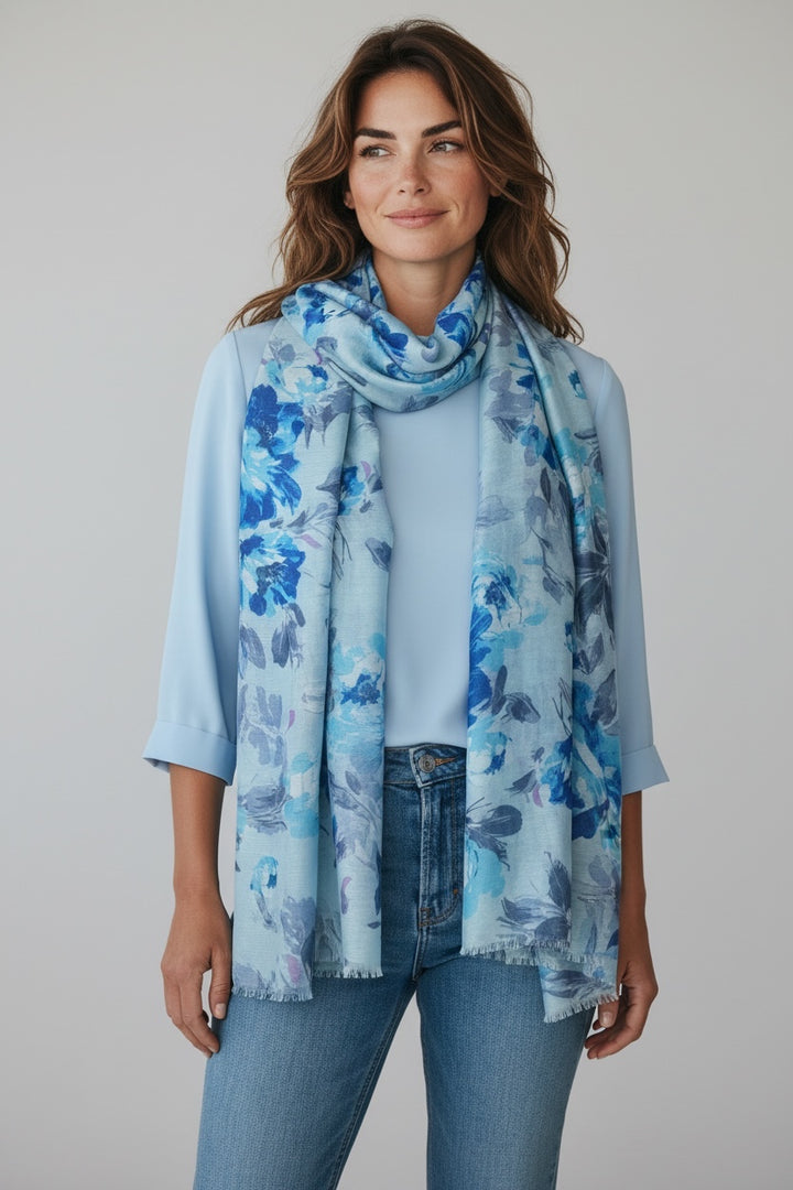 Light Blue Grey Floral Scarf