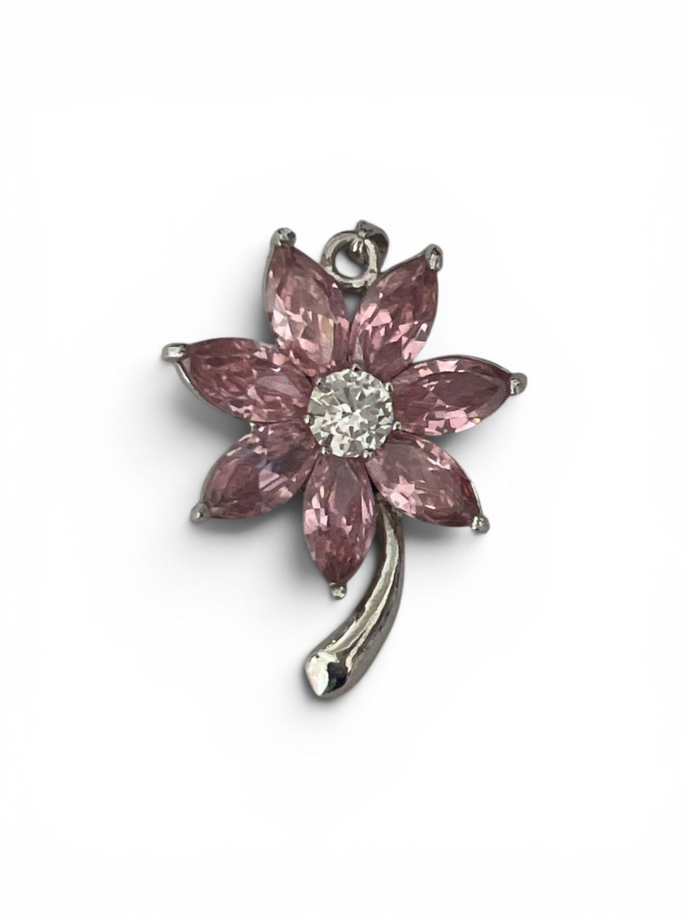 Pink crystal flower brooch and pendant with silver tone stem
