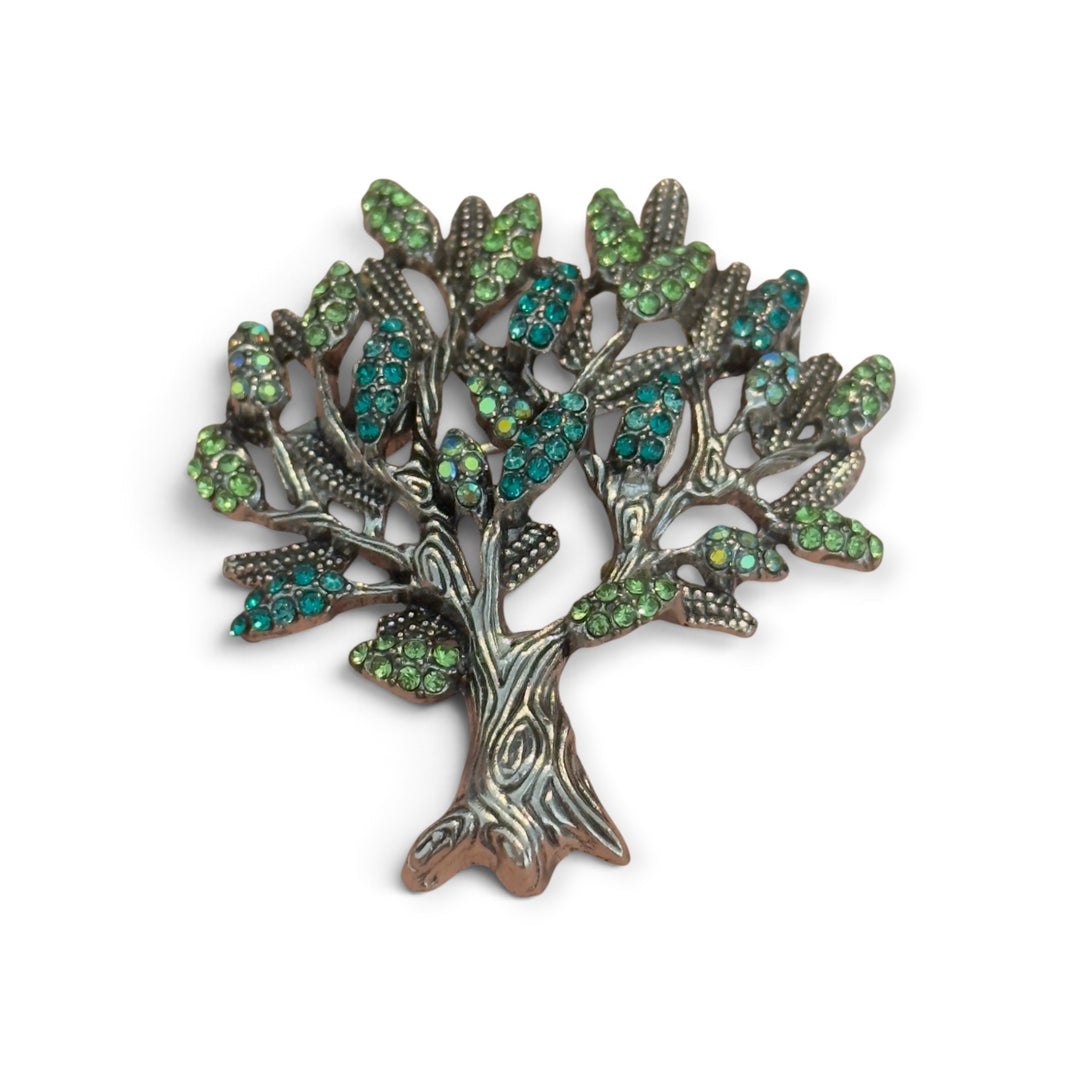 Tree of Life Scarf Brooch Lapel Pin  – Green Teal Crystal