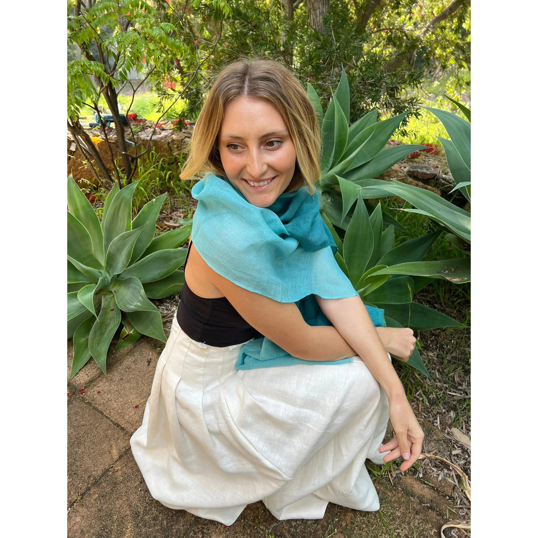 Scarves Australia Apparel & Accessories Cotton Linen Scarf - Teal Green Ombre - Linen Cotton