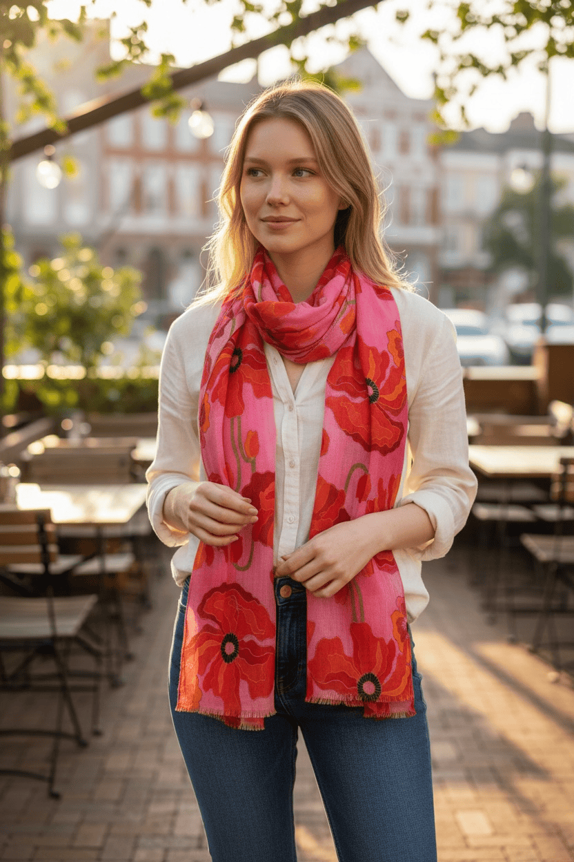 Scarves Australia Apparel & Accessories Floral Scarf - Red Poppy on Pink