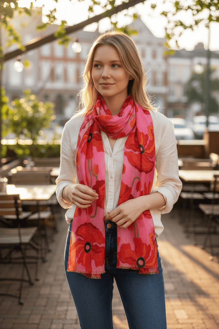 Scarves Australia Apparel & Accessories Floral Scarf - Red Poppy on Pink