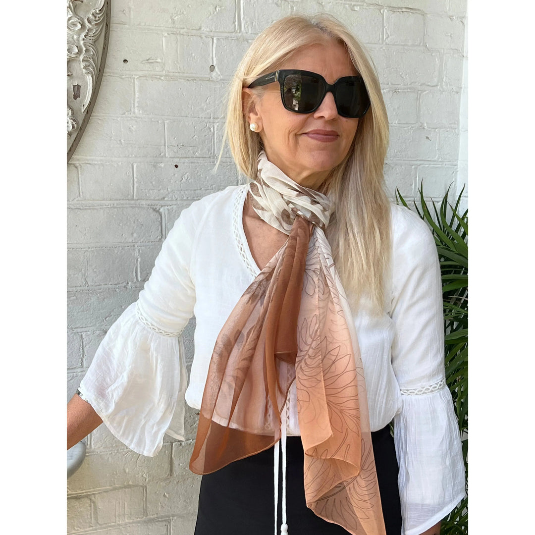 Scarves Australia Chiffon Scarf - Earth Brown Leaf - Short Scarf