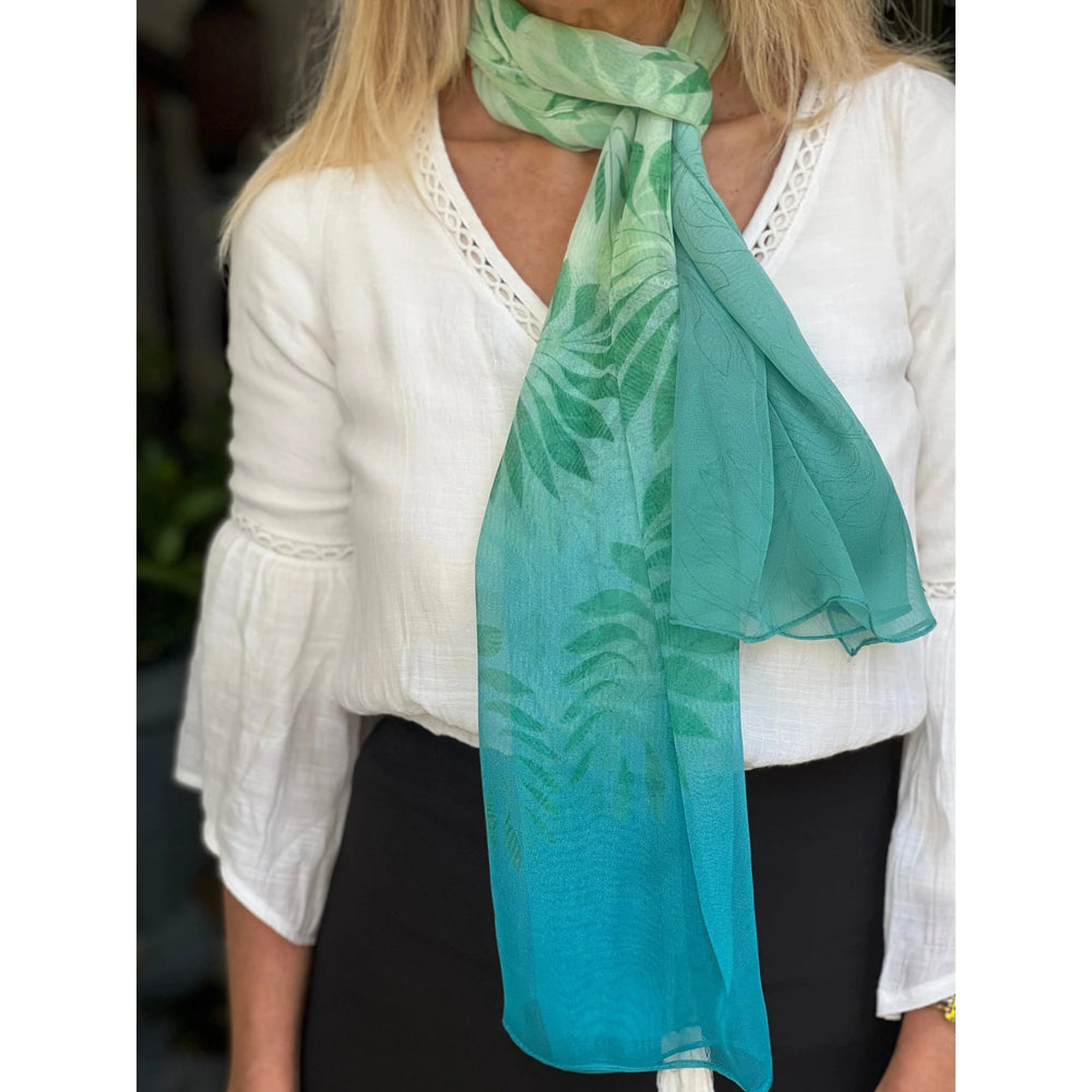 Scarves Australia Chiffon Scarf - Turquoise Green Leaf - Short Scarf
