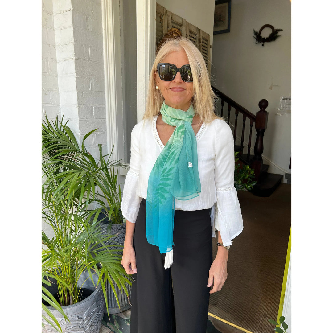 Scarves Australia Chiffon Scarf - Turquoise Green Leaf - Short Scarf