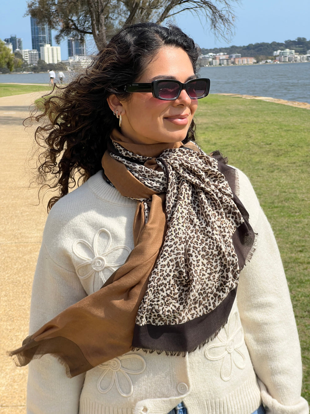 Scarves Australia Fashion Scarf Animal Print Colour Block Scarf - Caramel Brown Black