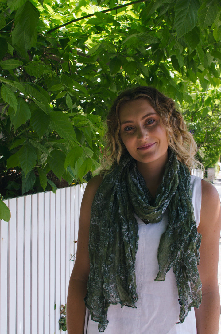 Scarves Australia Fashion Scarf Moss Green Paisley Cotton Crinkle Scarf