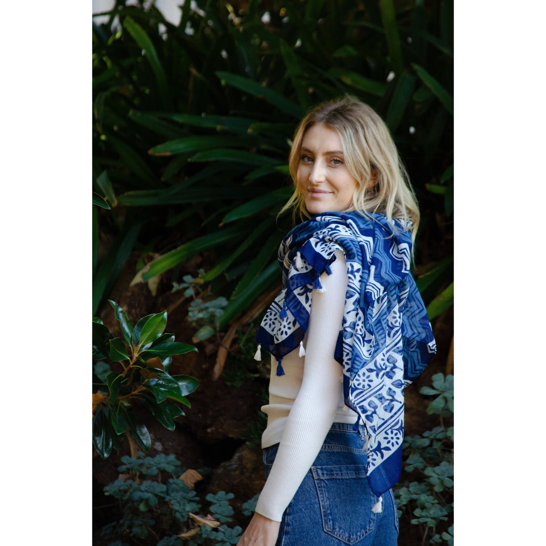 Scarves Australia Fashion Scarf Navy and White Geo Scarf with Tassels