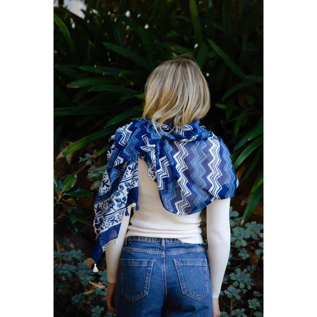 Scarves Australia Fashion Scarf Navy and White Geo Scarf with Tassels