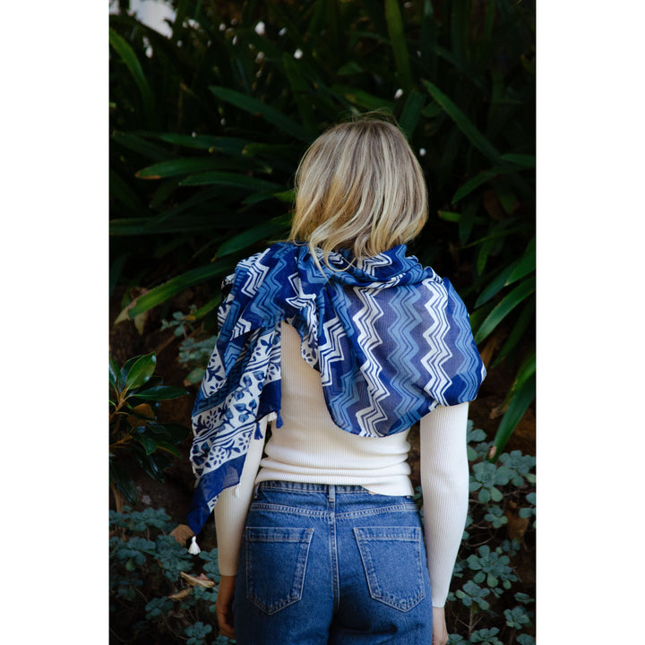 Scarves Australia Fashion Scarf Navy and White Geo Scarf with Tassels