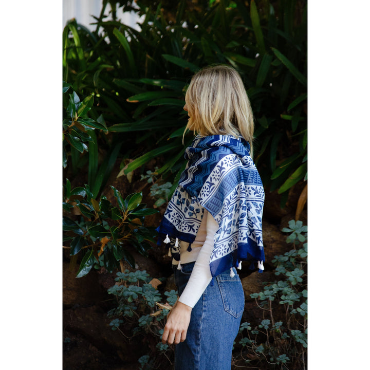 Scarves Australia Fashion Scarf Navy and White Geo Scarf with Tassels