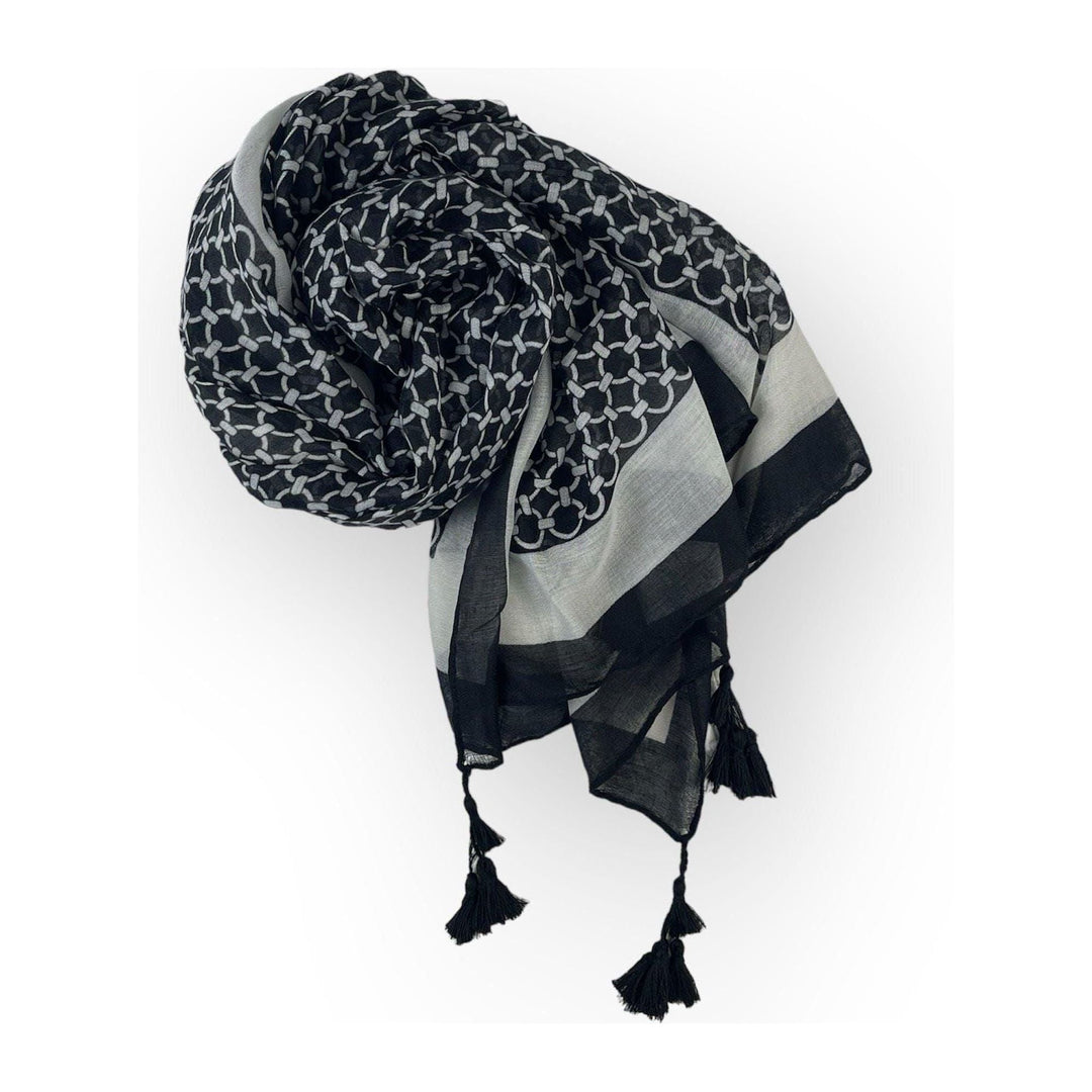 Scarves Australia Fashion Scarves Black Mono Scarf- Circle Chain Print with Tassels