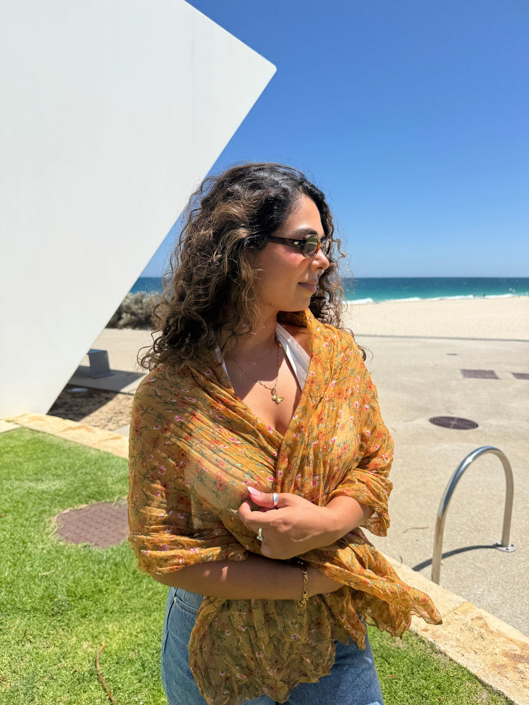 Scarves Australia Fashion Scarves Floral Crinkle Scarf - Warm Mustard