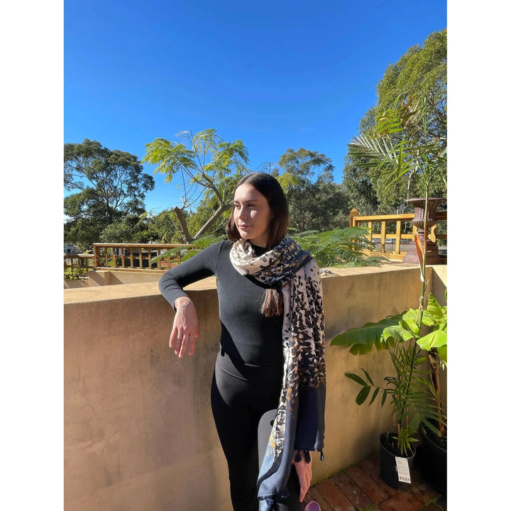 Scarves Australia Fashion Scarves Leopard Print Scarf Navy Beige with Tassels