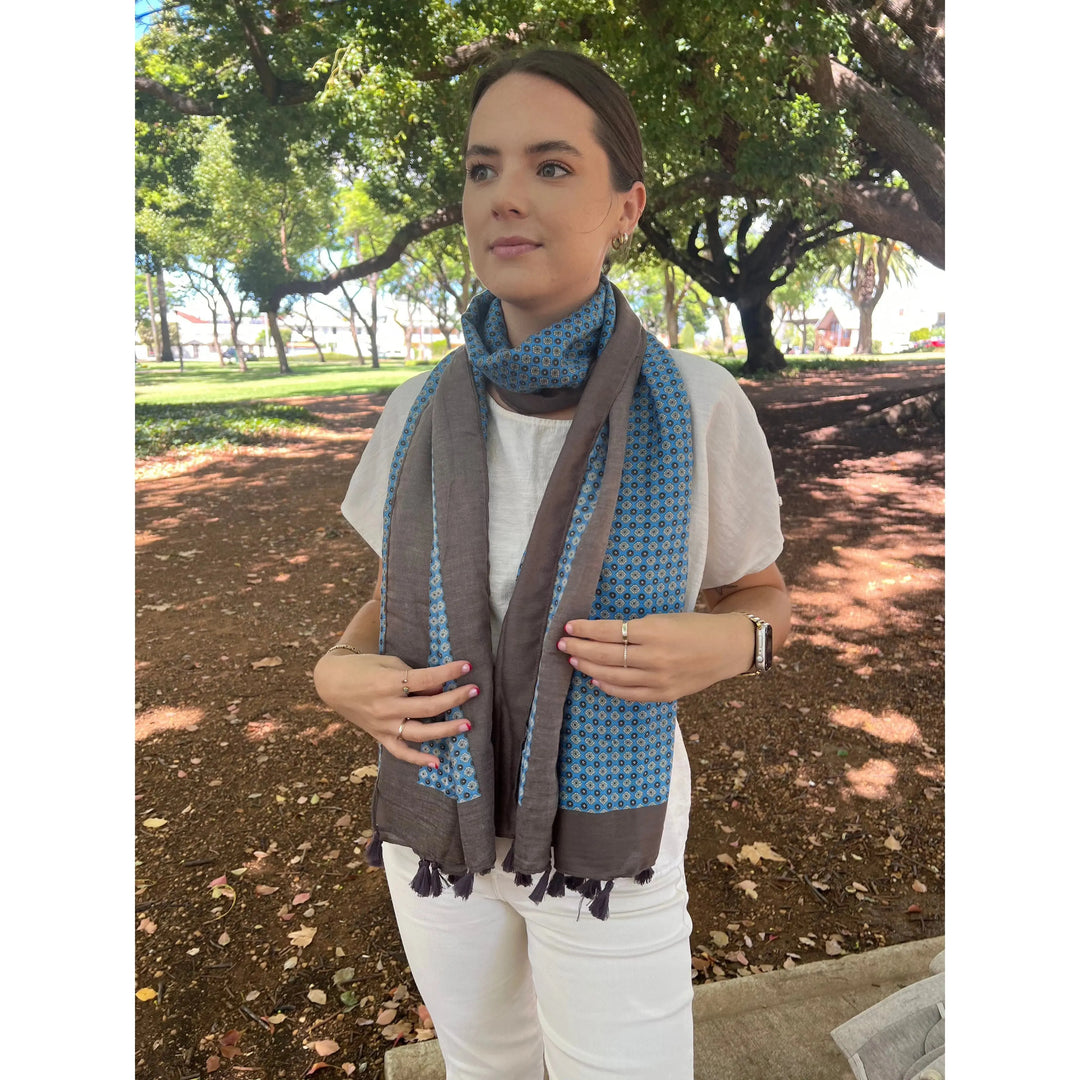 Scarves Australia Fashion Scarves Marine Blue Taupe Scarf - Floral Print with Tassels