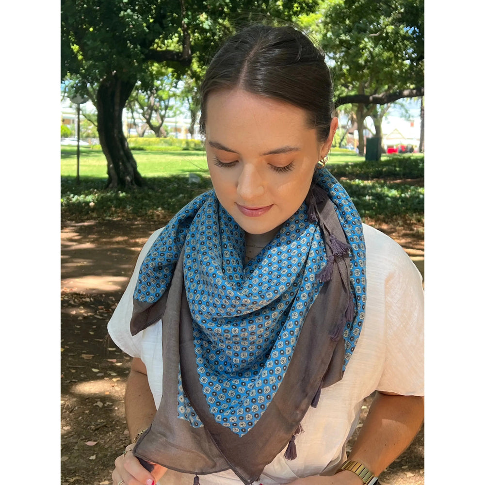 Scarves Australia Fashion Scarves Marine Blue Taupe Scarf - Floral Print with Tassels