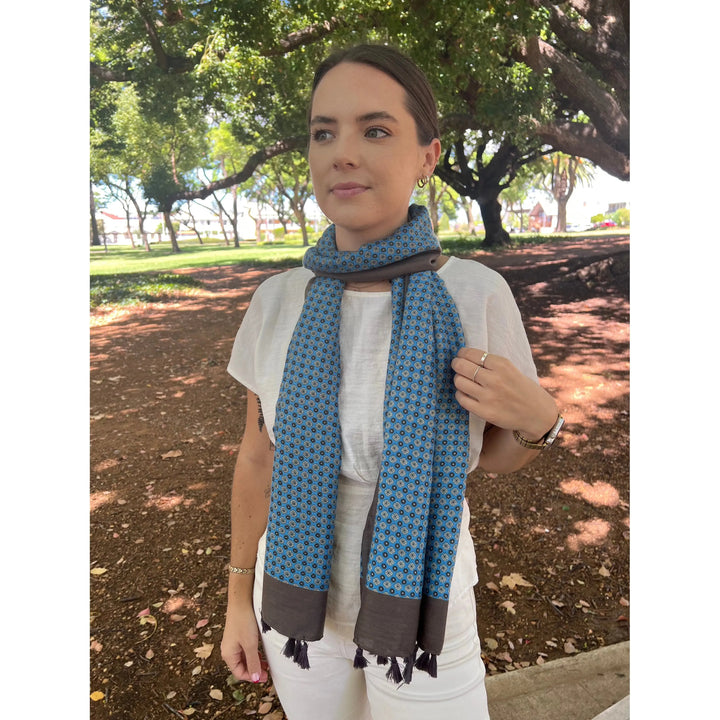 Scarves Australia Fashion Scarves Marine Blue Taupe Scarf - Floral Print with Tassels