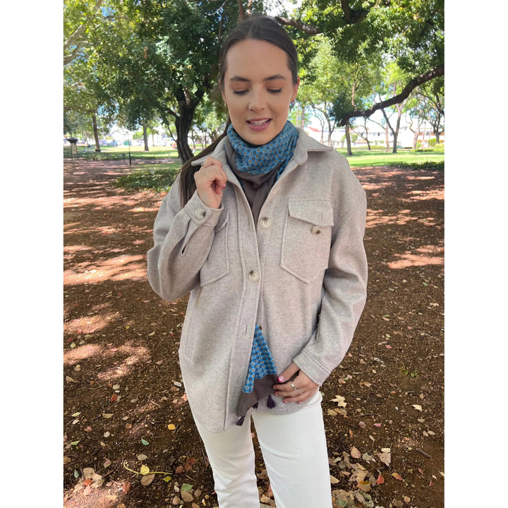 Scarves Australia Fashion Scarves Marine Blue Taupe Scarf - Floral Print with Tassels