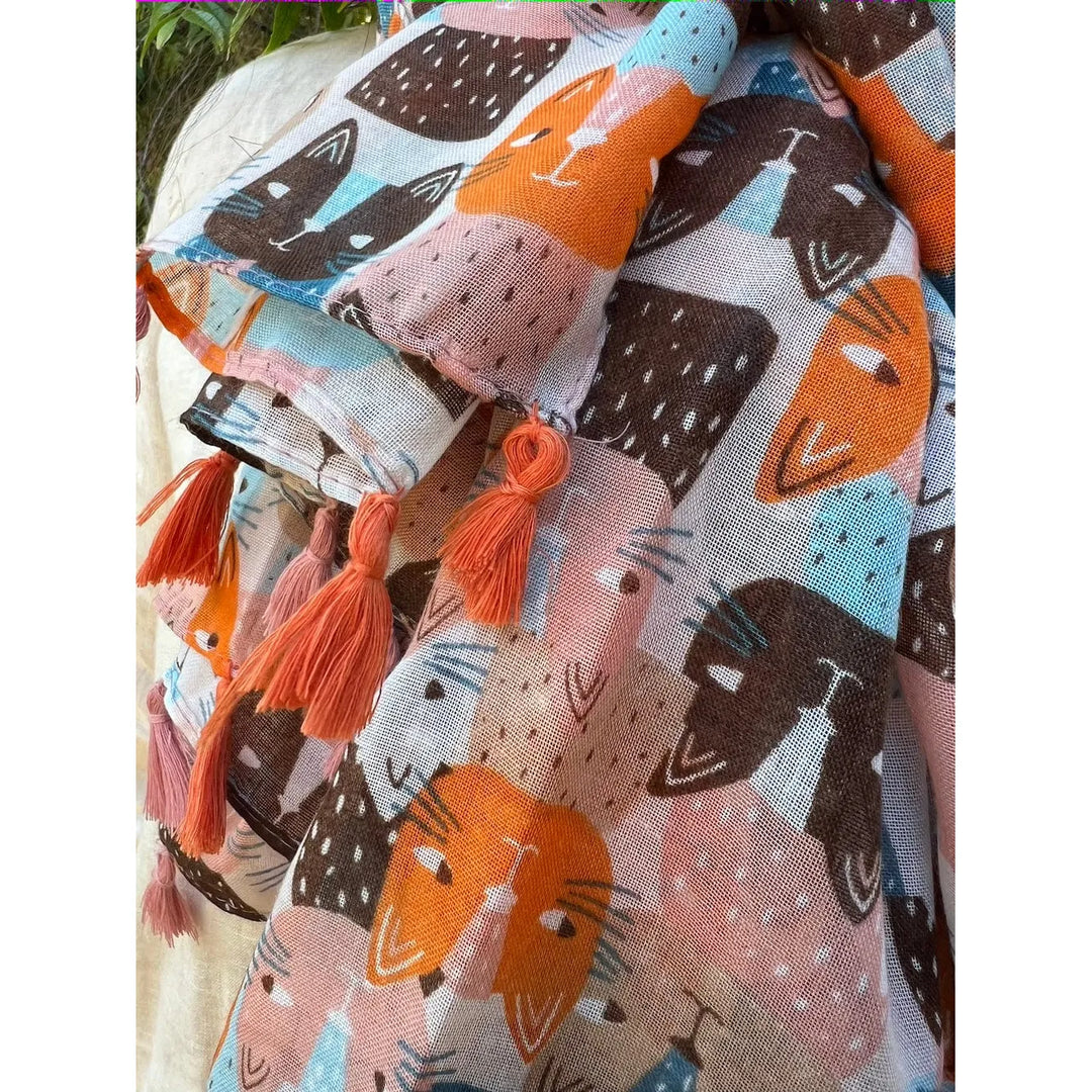 Scarves Australia Fashion Scarves Multicoloured Scarf - Cats - Tassels