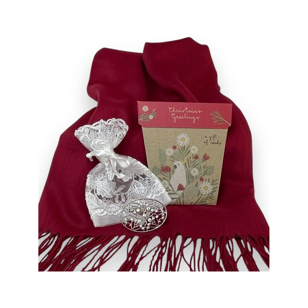 Scarves Australia Gift Packs 🎄Gift Pack -Red Shawl +Silver Brooch + Card