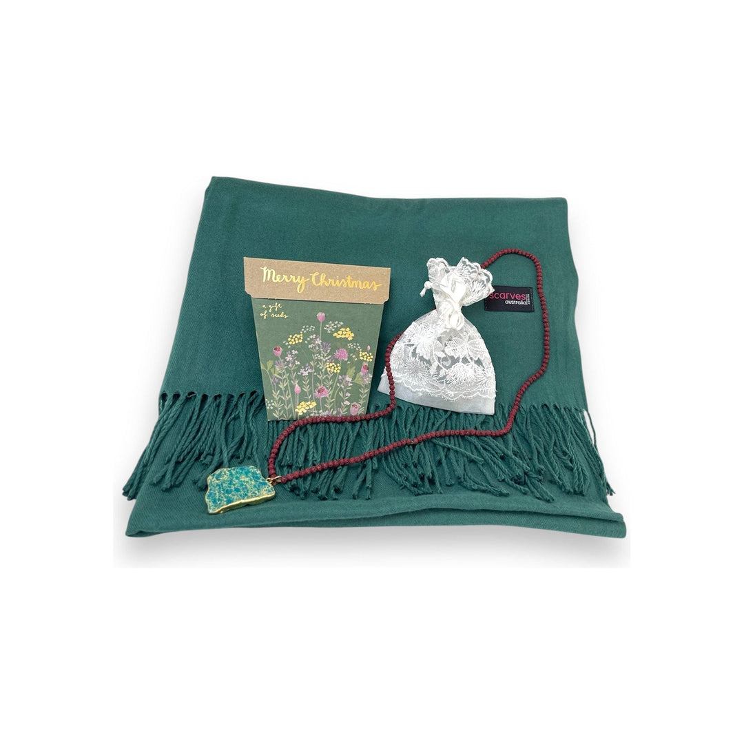 Scarves Australia Gift Set 🎄Gift Pack - Pashmina Shawl Dark Green - +Necklace + Card