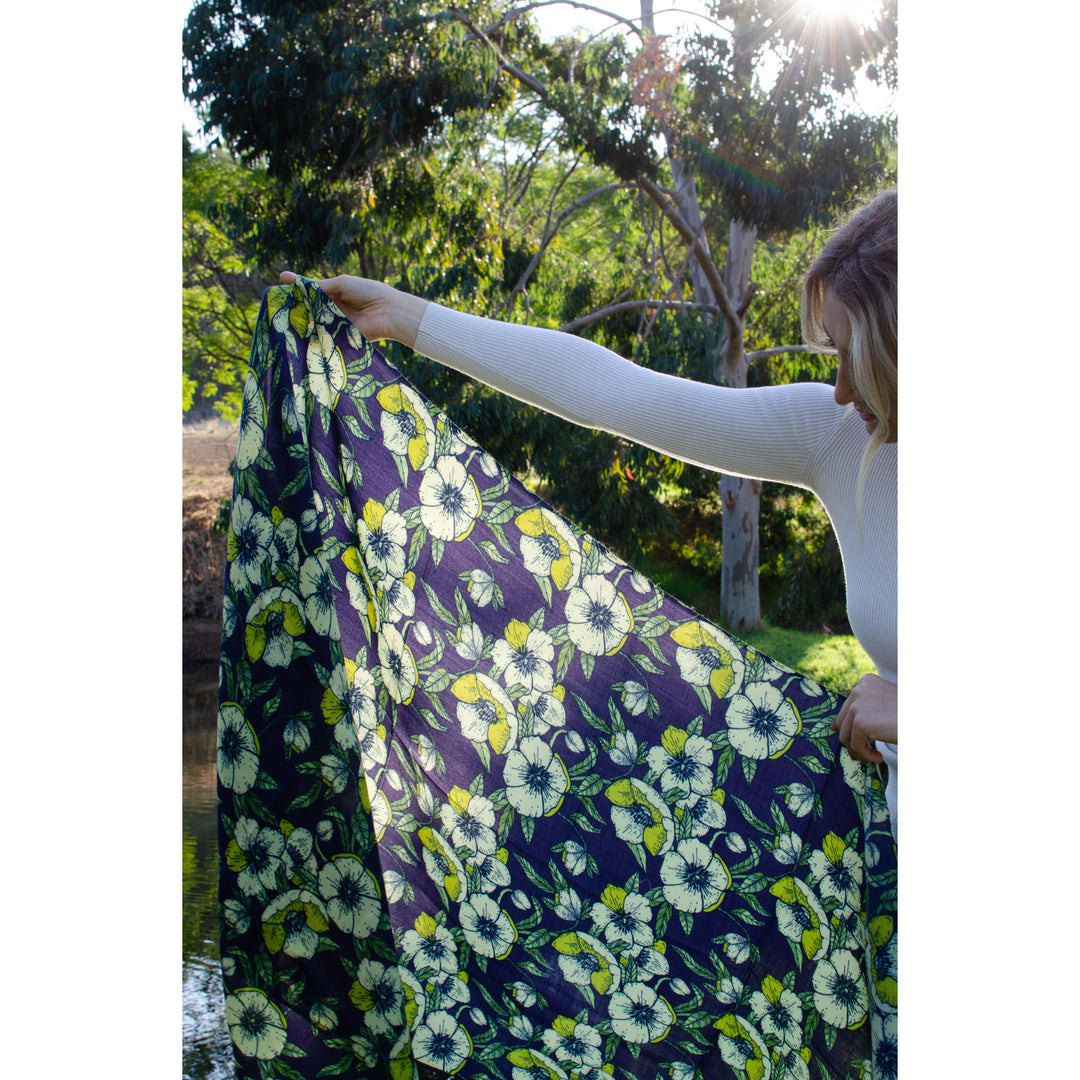 Scarves Australia Luxury Scarf 🍀  Floral Scarf - Navy Blue Green - Pure Wool Twill