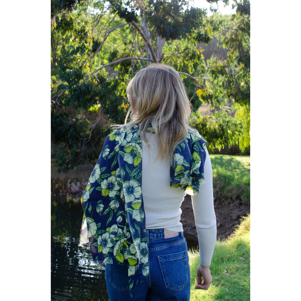 Scarves Australia Luxury Scarf 🍀  Floral Scarf - Navy Blue Green - Pure Wool Twill
