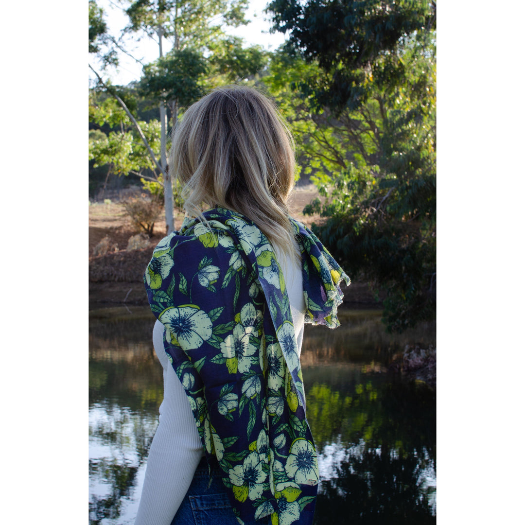 Scarves Australia Luxury Scarf 🍀  Floral Scarf - Navy Blue Green - Pure Wool Twill