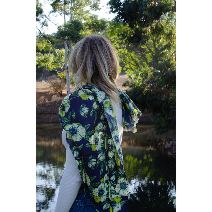 Scarves Australia Luxury Scarf 🍀  Floral Scarf - Navy Blue Green - Pure Wool Twill