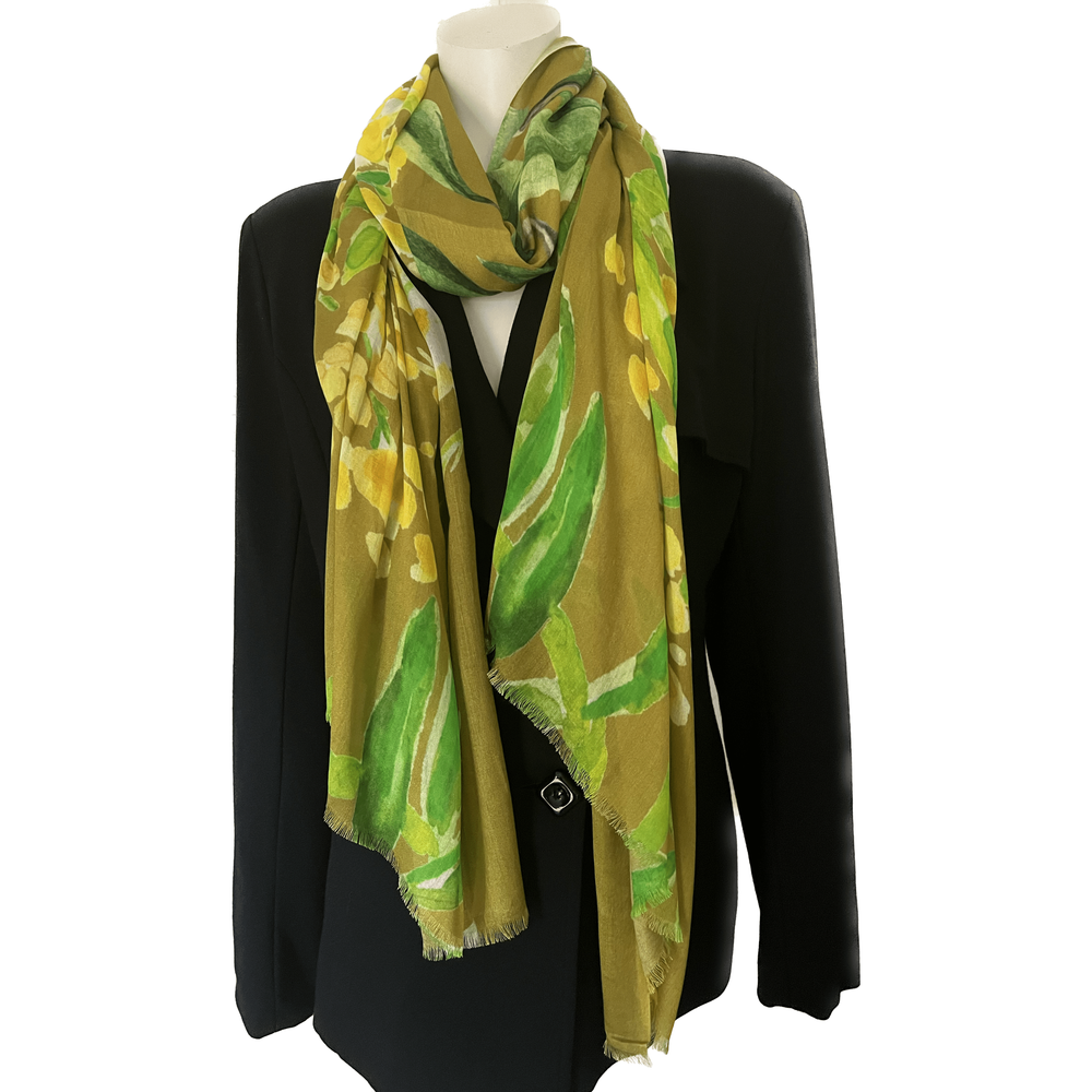 Scarves Australia Luxury Scarf Green Yellow Floral Scarf - Golden Wattle - Silk Modal