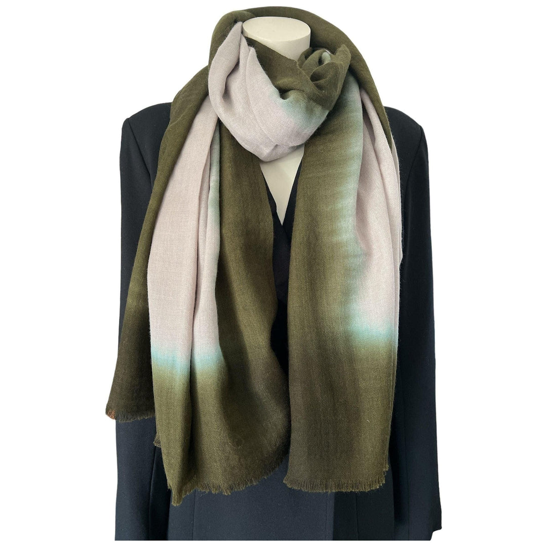Scarves Australia Luxury Scarf 🫒 Olive Green on Beige -Warm Pure Wool Luxury Scarf