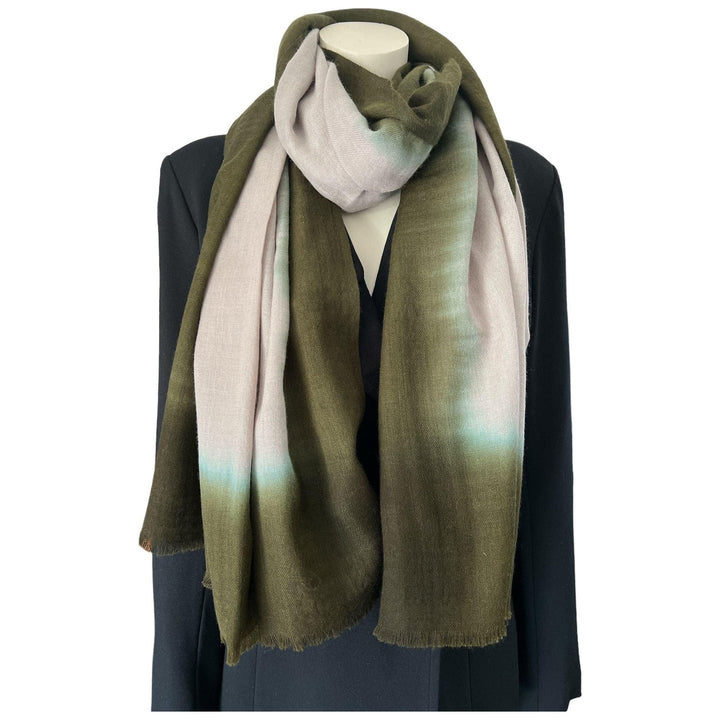 Scarves Australia Luxury Scarf 🫒 Olive Green on Beige -Warm Pure Wool Luxury Scarf