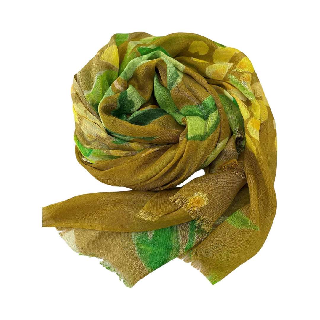 Scarves Australia Luxury Scarf Olive green Scarf - Yelllow Flowers - Handmade