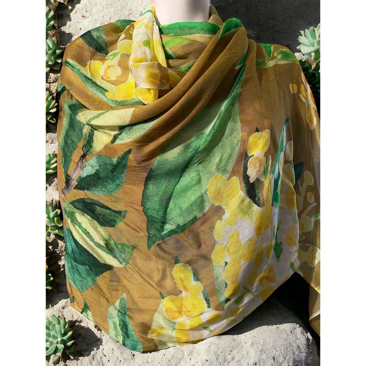 Scarves Australia Luxury Scarf Olive green Scarf - Yelllow Flowers - Handmade