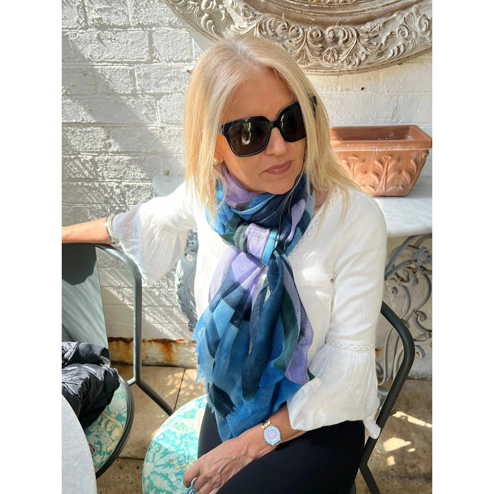 Scarves Australia Luxury Scarves Blue Purple Block Print Scarf - Pure Wool - NEW!