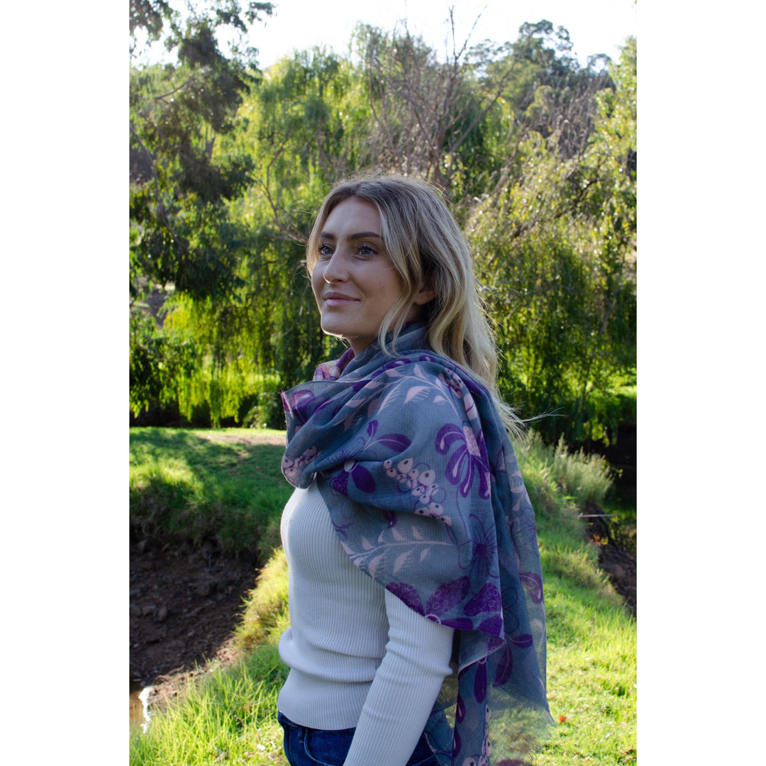 Scarves Australia Luxury Scarves Floral Scarf - Fine Wool Luxury - Grey Purple Pink