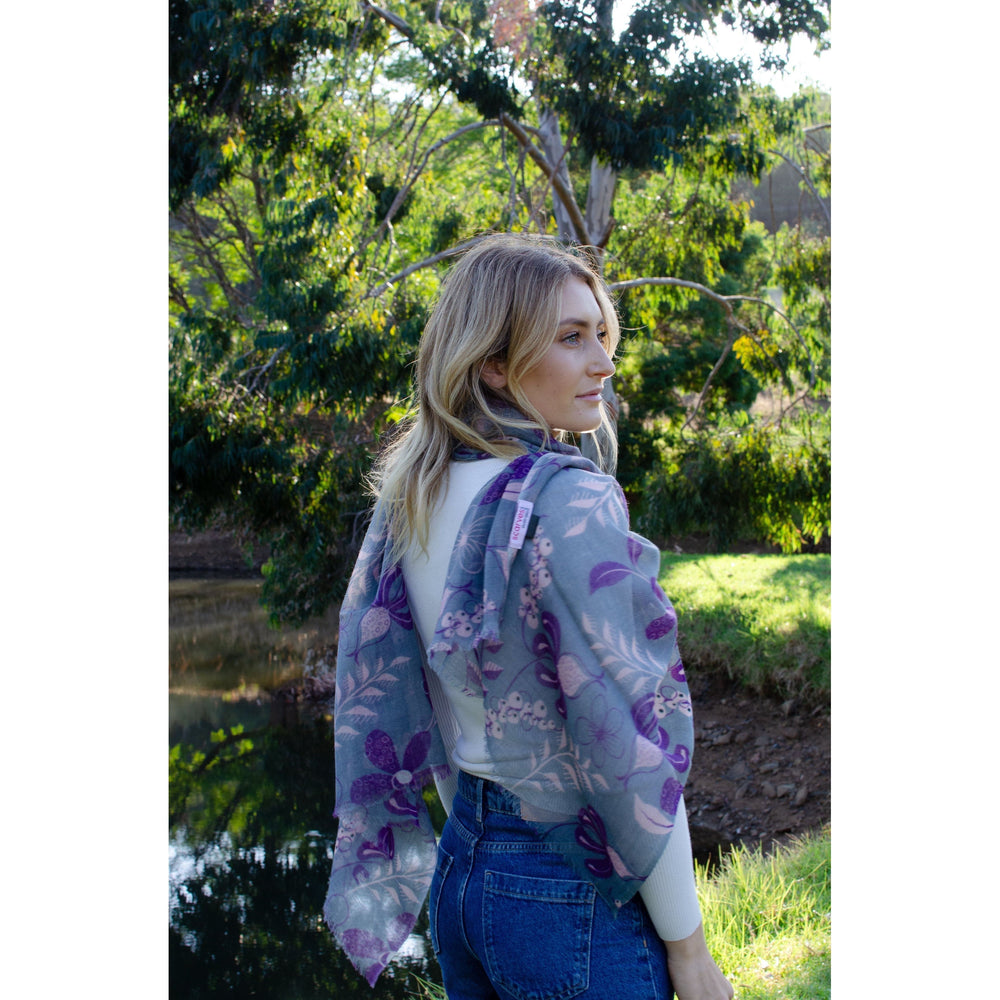 Scarves Australia Luxury Scarves Floral Scarf - Fine Wool Luxury - Grey Purple Pink