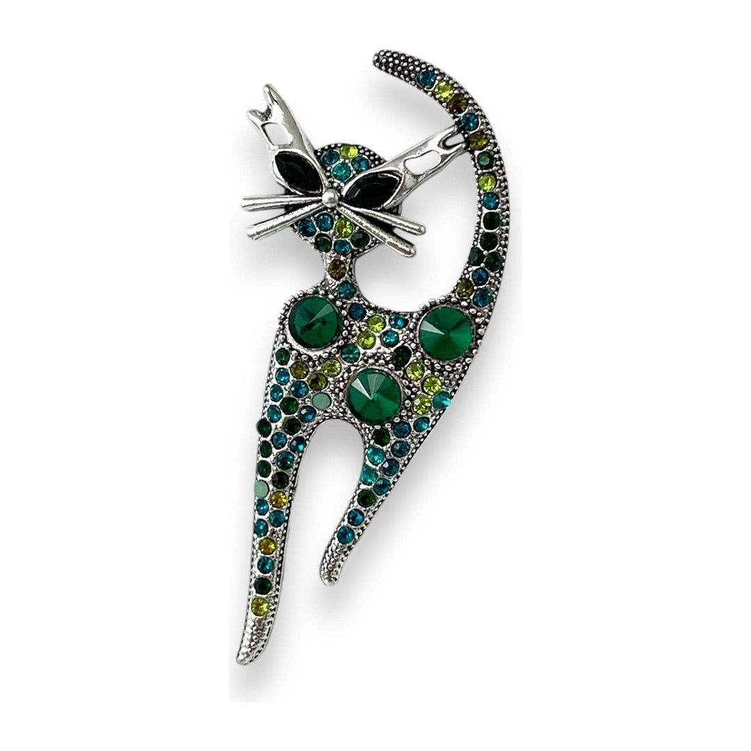 Scarves Australia Scarf Cat Brooch - Green Crystal on Silver