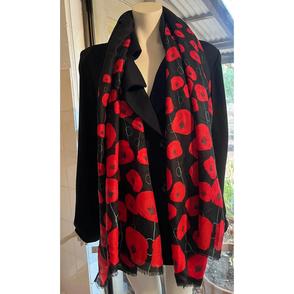 Scarves Australia Fashion Scarves Poppy Scarf - Red on Black - Floral Spray