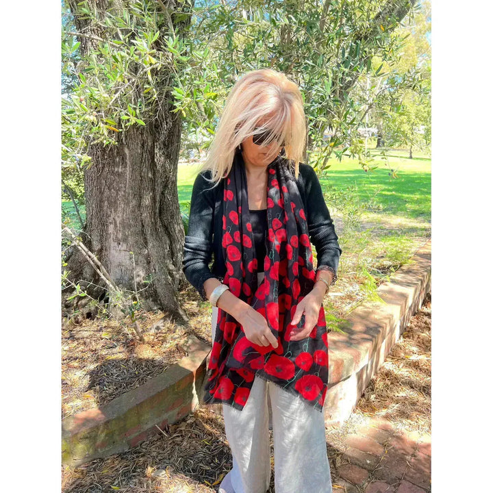 Scarves Australia Fashion Scarves Poppy Scarf - Red on Black - Floral Spray