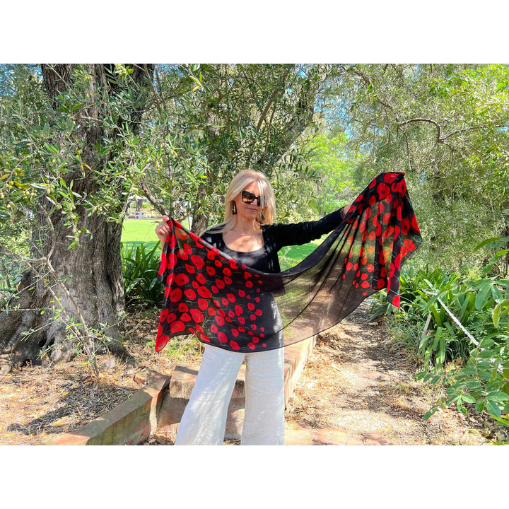 Scarves Australia Fashion Scarves Poppy Scarf - Red on Black - Floral Spray